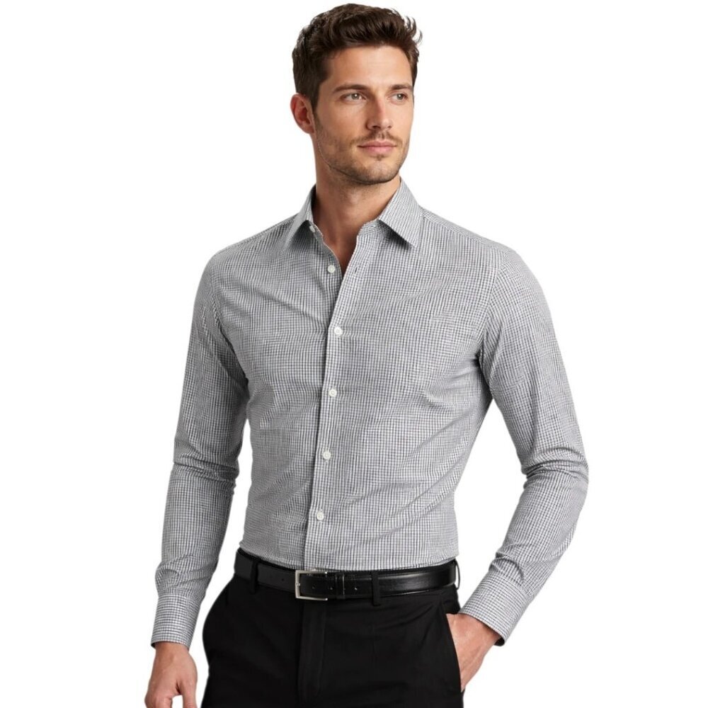 Zara Man Tailored Fit Mini Checkered Long Sleeve Dress Shirt Blk/Wht Size 16